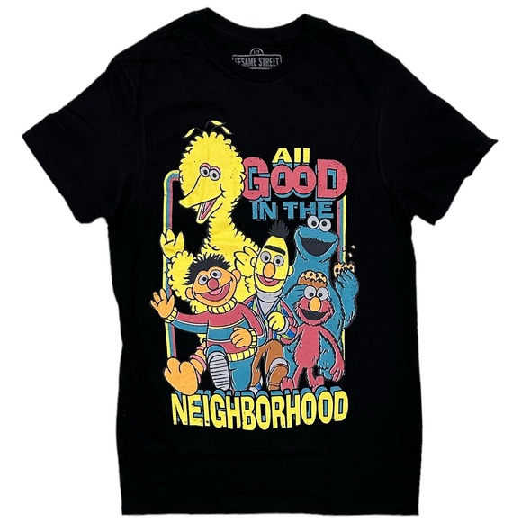 Sesame Street Men's All Good In The Neighborhood Vintage Retro Black Tee T-Shirt - Picture 1 of 1